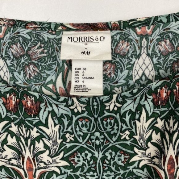 H&M x William Morris & Co 6 Floral Print Tunic Shift Dress Green Tie Sleeves - Picture 3 of 13